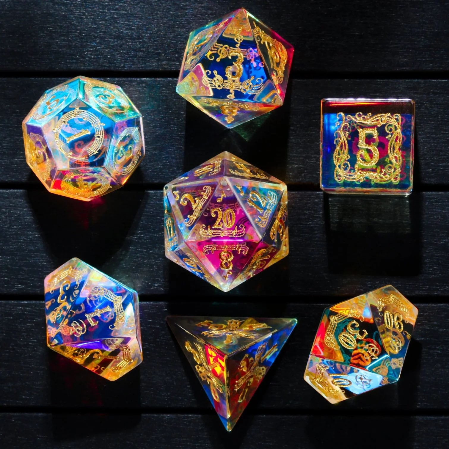 Rainbow glass dice with gold music notes and numbers
