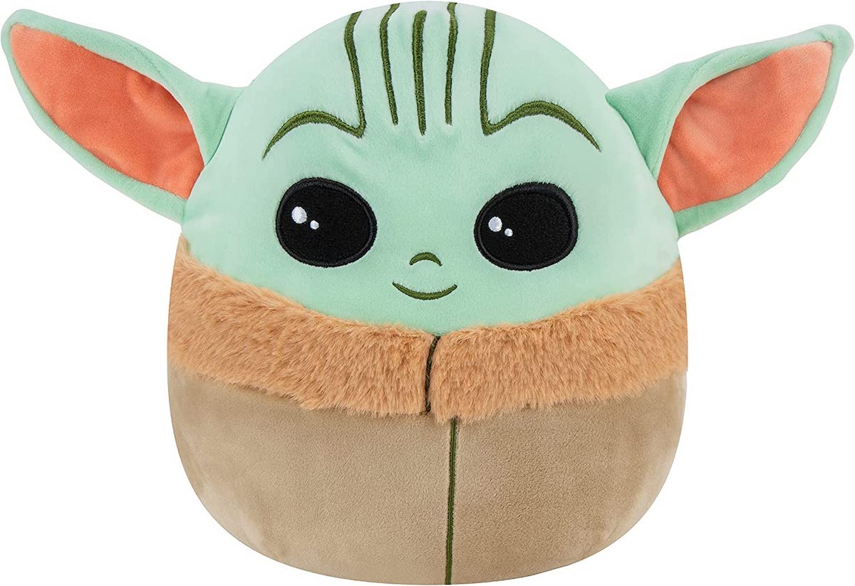 Baby Yoda/Grogu Squishmallow, with large ears and a brown coat with a furry jacket.