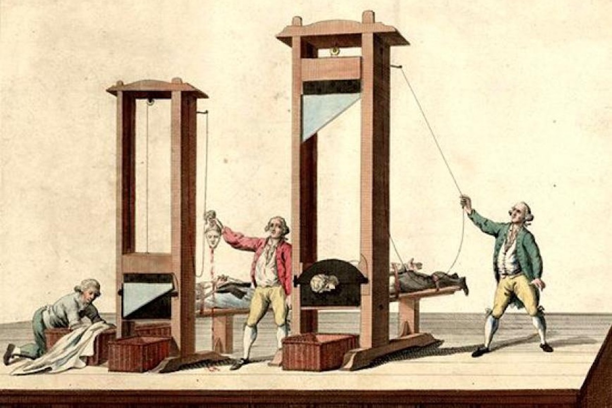 A painting of men at two guillotines during the French Revolution.