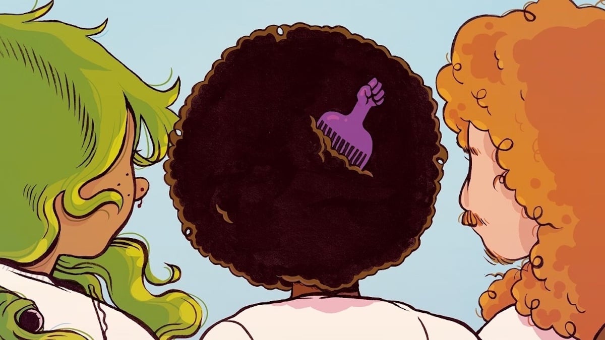 The backs of three heads, showing off their hair. One has green hair, one has an Afro with a pick in it, and one has curly red hair with a mustache visible.