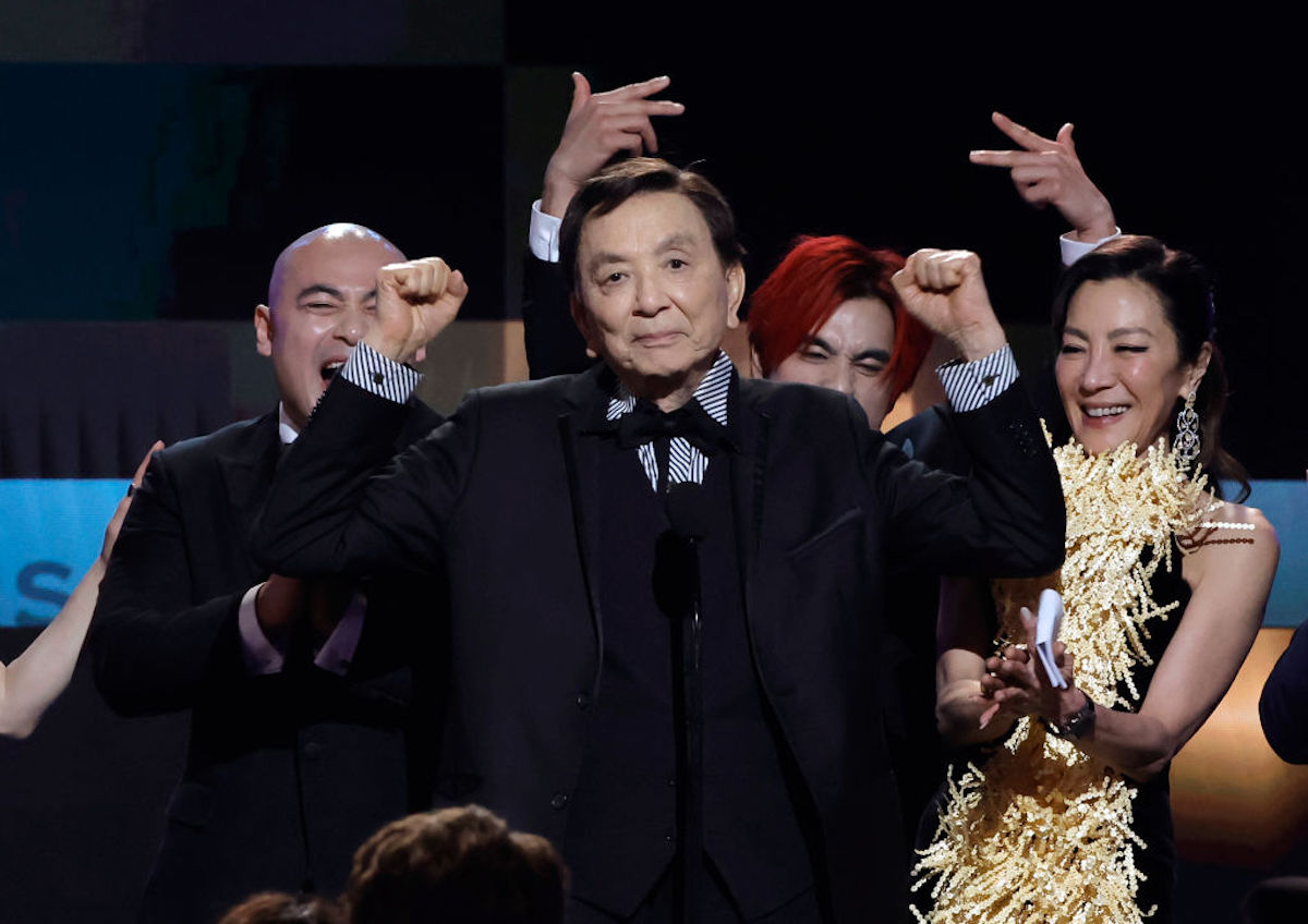 Brian Le, James Hong, Andy Le, and Michelle Yeoh accept the Outstanding Performance by a Cast in a Motion Picture award for "Everything Everywhere All at Once" onstage during the 29th Annual Screen Actors Guild Awards at Fairmont Century Plaza.