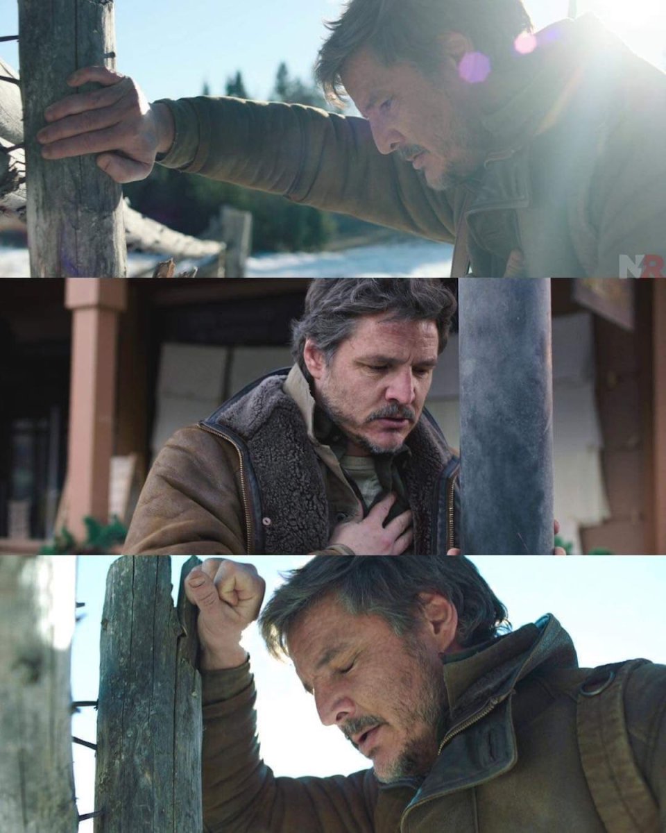 Three shots of Joel leaning against objects, grimacing as he has an anxiety attack. The images are stacked one on top of another.