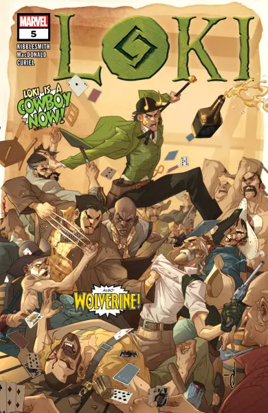 Cover of issue 5 of Loki, which shows Loki dressed in a three-piece suit and bowler hat with horns. Insets read, "Loki is a cowboy now!" and "Also: Wolverine!"