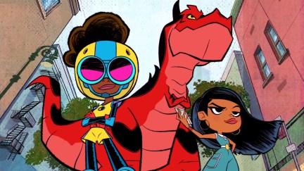 Lunella, Devil, and Casey strike a pose in Moon Girl and Devil Dinosaur.