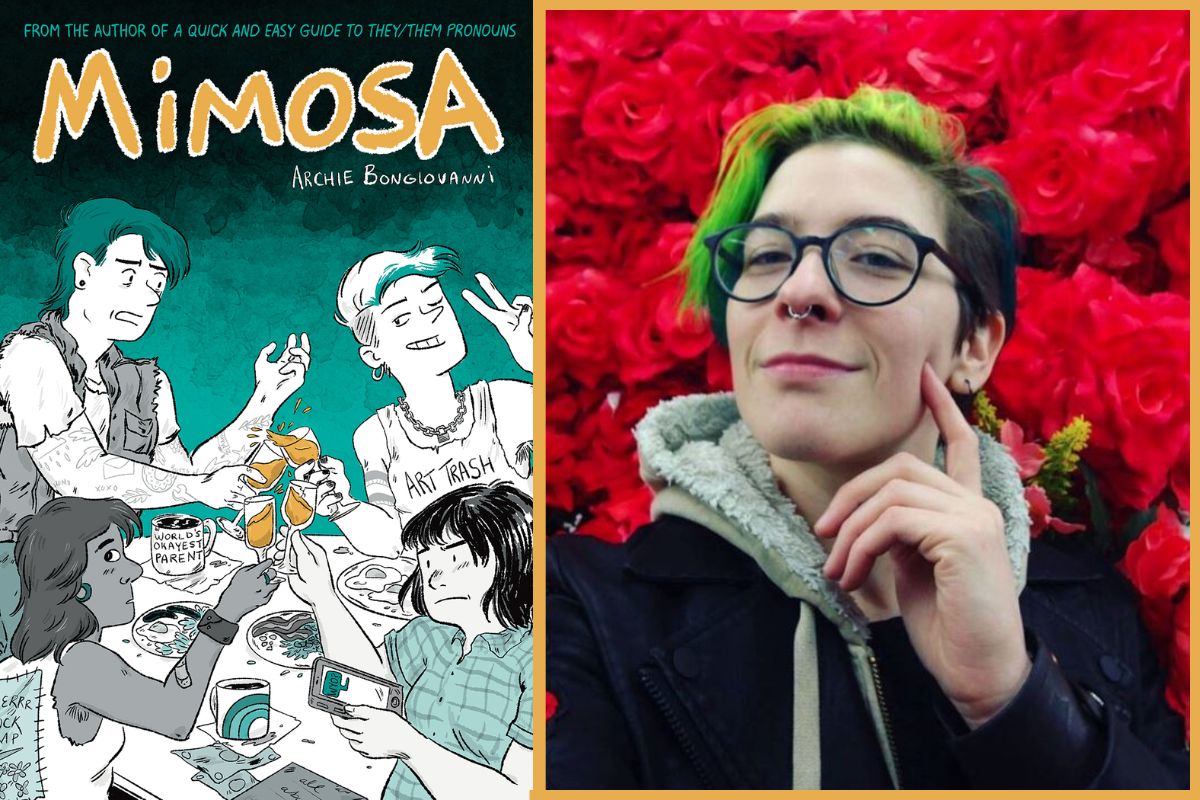 "Mimosa" graphive novel next to creator Archie Bongiovanni.