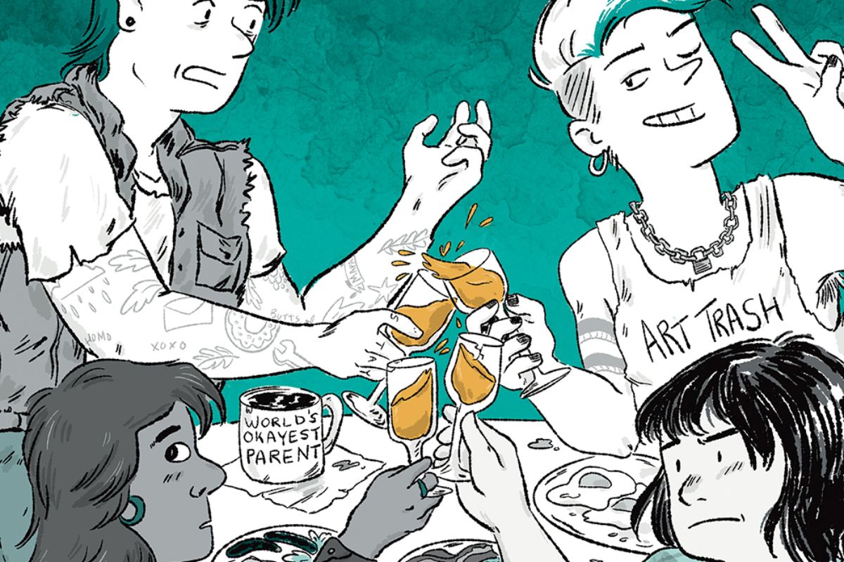 Four friends having brunch with mimosa. From graphic novel by Archie Bongiovanni.