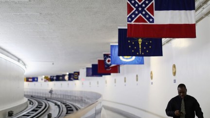 The state flag of Mississippi, which incorporates the flag of the Confederate States of America in the top left corner, is displayed with the flags of the other 49 states and territories in the tunnel connecting the senate office building and the U.S. Capitol.