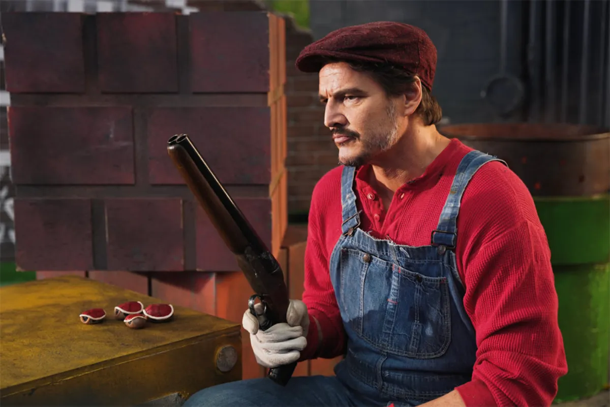 Pedro Pascal looking gruff as Mario Mario on SNL
