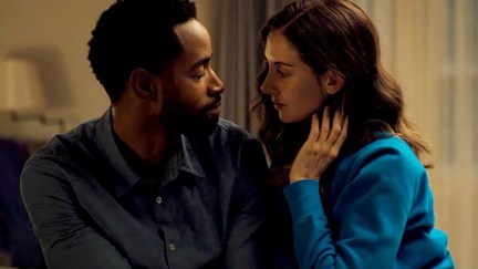 Jay Ellis and Alison Brie almost kissing in Somebody I Used to Know