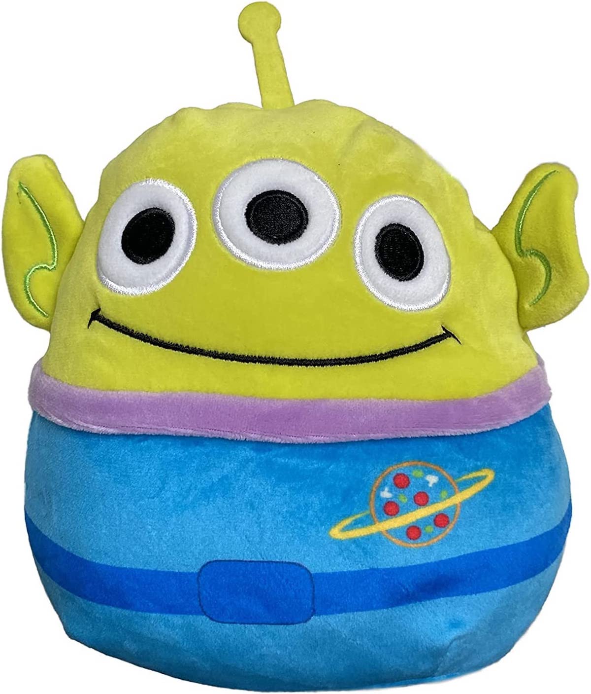 A green alien Squishmallow, with three eyes, an antenna and a blue space suit.