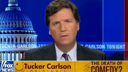 Tucker Carlson has a confused look on his face during a segment on his show above a chyron reading 