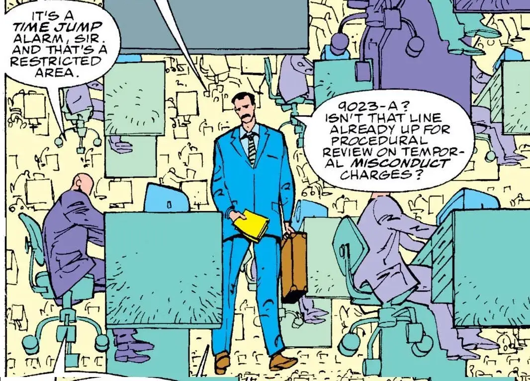 In a comics panel, Mobius walks through a futuristic office environment with floating desk.