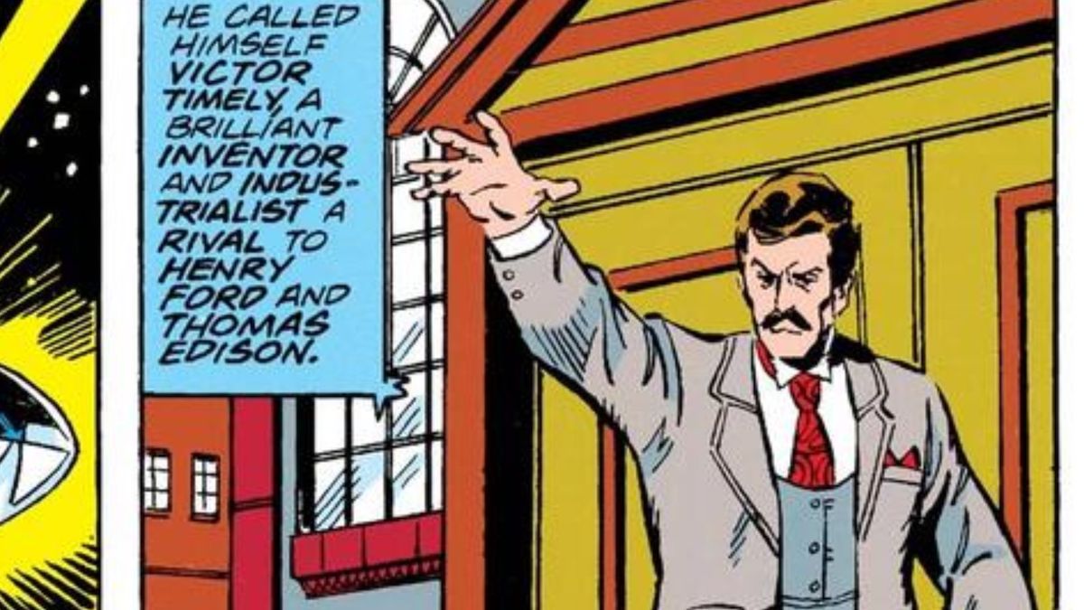 Comic panel of Victor Timely raising an arm as he speaks.