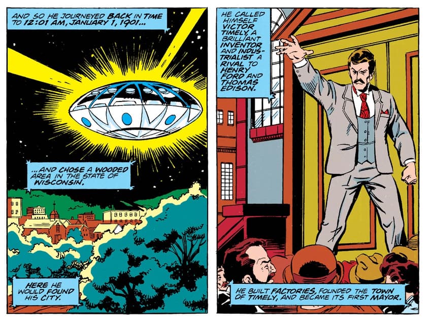 Two panels from a Marvel comic. One shows a flying saucer descending on a small town. The other shows a man in a suit gesturing to an audience. The captions explain that this is Victor Timely, a Kang variant who travels to 1901 Wisconsin.