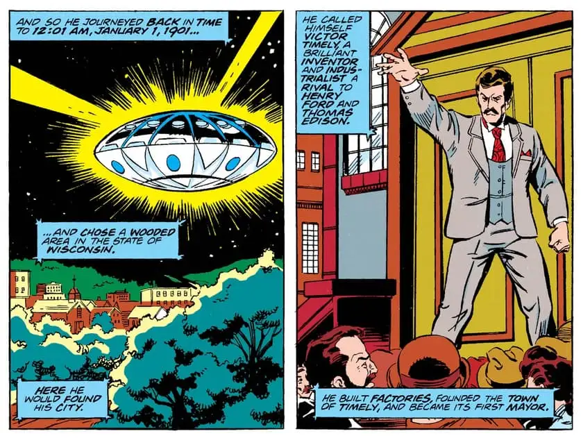 Two panels from a Marvel comic. One shows a flying saucer descending on a small town. The other shows a man in a suit gesturing to an audience. The captions explain that this is Victor Timely, a Kang variant who travels to 1901 Wisconsin.
