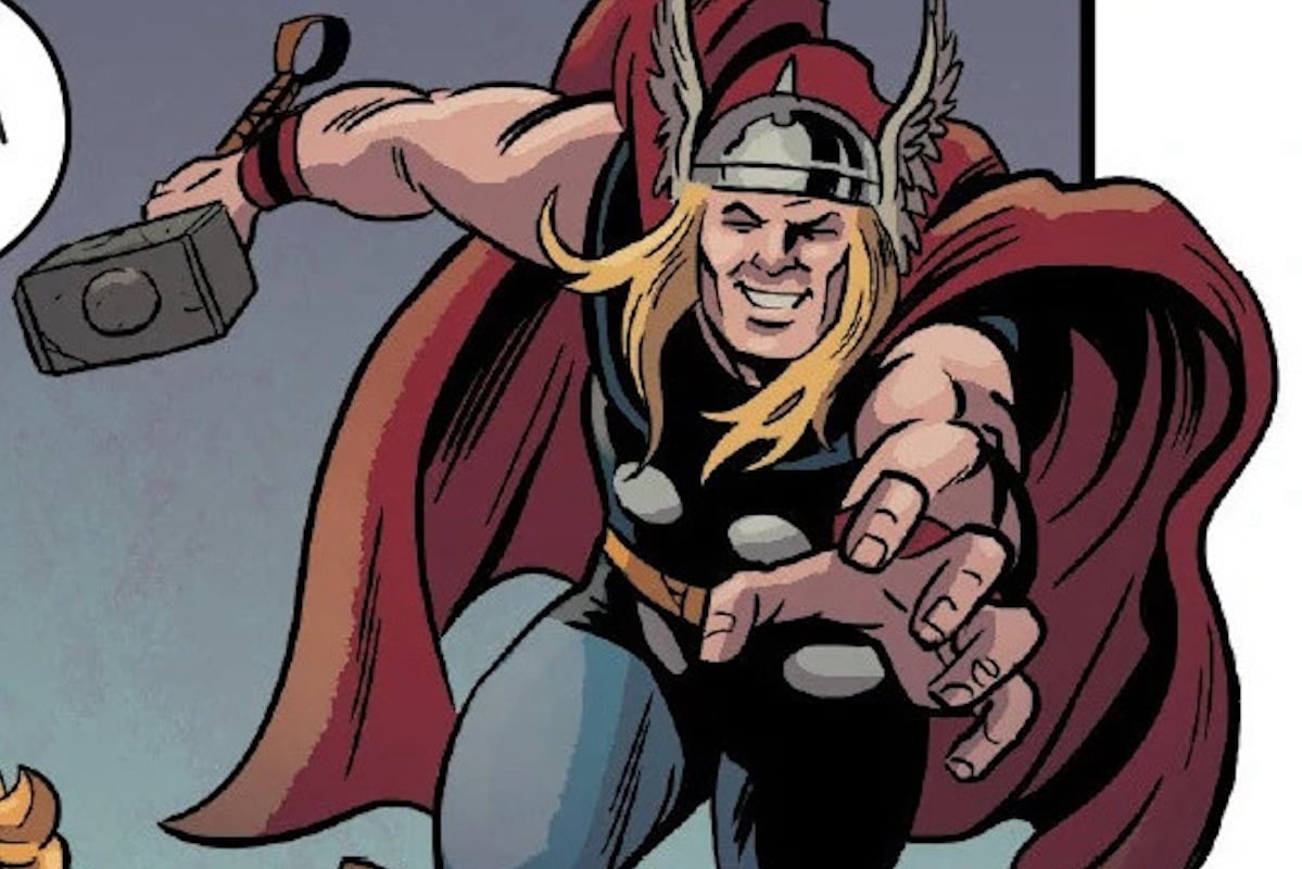A simple, cartoony style Thor, grinning and reaching toward the screen.