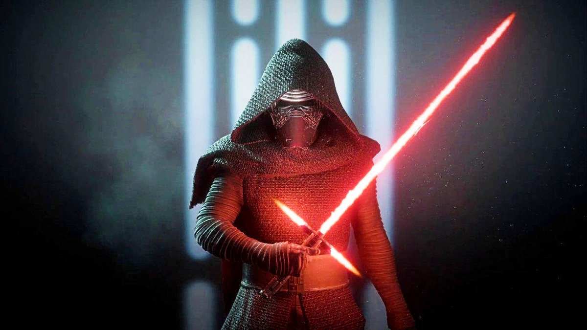 Adam Driver as Kylo Ren holding a red lightsaber in Star Wars: The Force Awakens