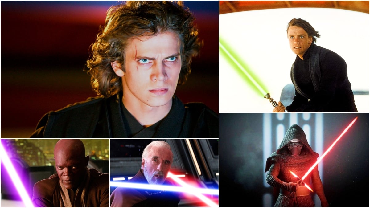 Anakin Skywalker (Hayden Christiansen), Mace Windu (Samuel L. Jackson), Count Dooku (Christopher Lee), Luke Skywalker (Mark Hamill), and Kylo Ren (Adam Driver)