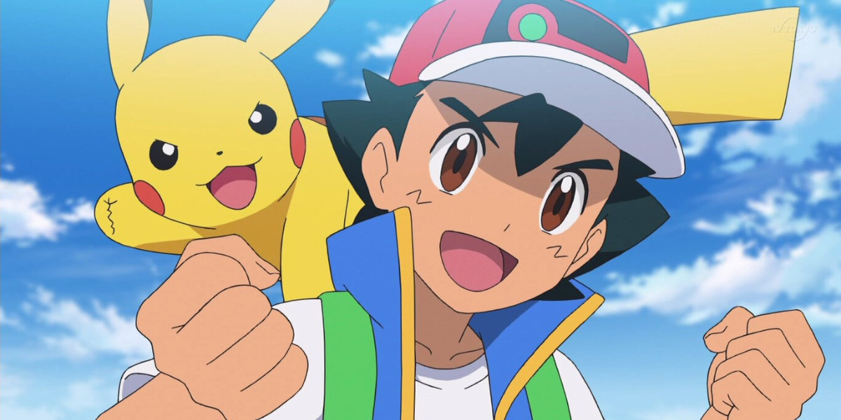 Ash Ketchum with Pikachu on his shoulder in the Pokémon anime