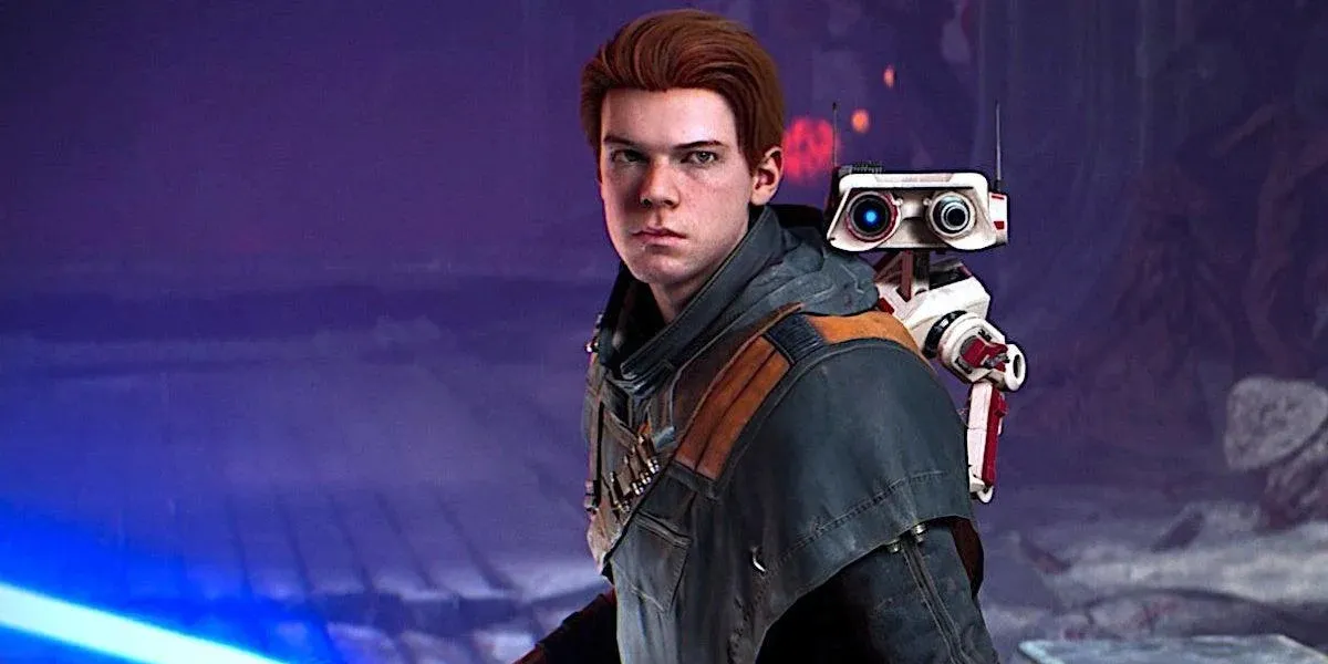Cameron Monaghan as Cal Kestis with BD-1 carrying a blue lightsaber in Star Wars Jedi: Fallen Order 