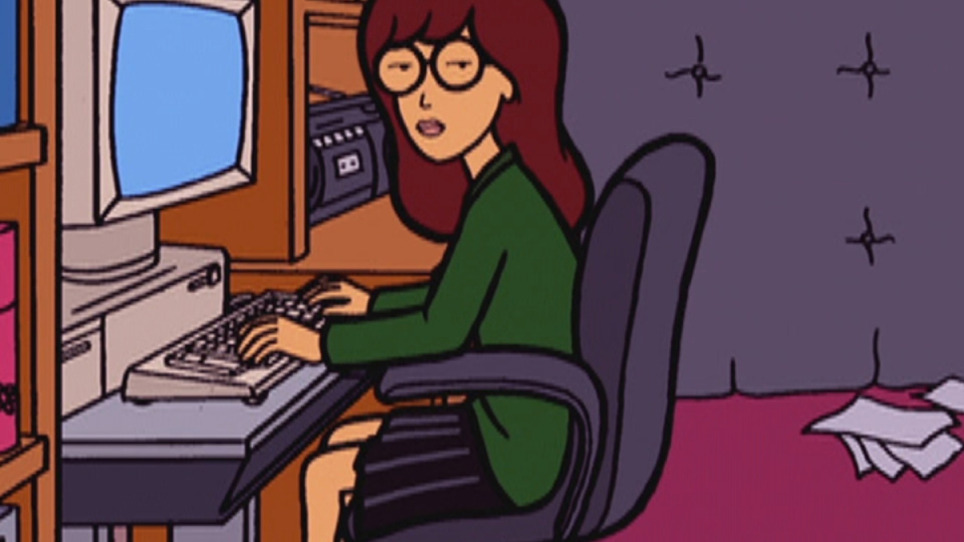 Daria using her computer and giving us peons a Look.