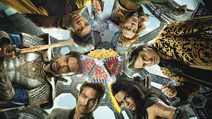 AMC's promo for the Dungeons & Dragons movie popcorn bucket, featuring the cast of the new film