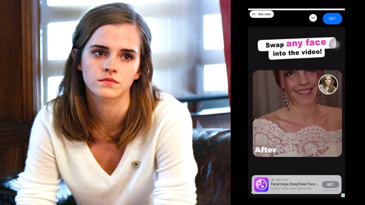 Emma Watson as Mae Holland in The Circle and an ad for a Deepfake app