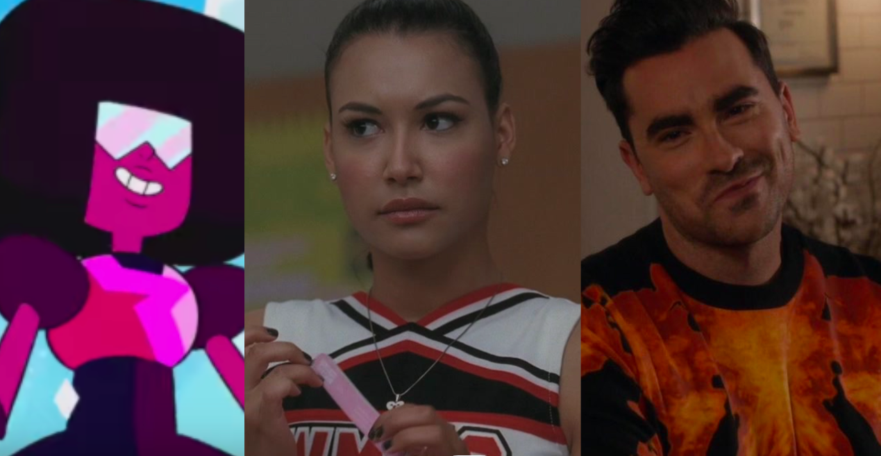 A close up of Garnet from Steven Universe, Santana Lopez from Glee, and David Rose from Schitt's Creek