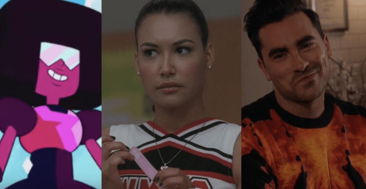 A close up of Garnet from Steven Universe, Santana Lopez from Glee, and David Rose from Schitt's Creek