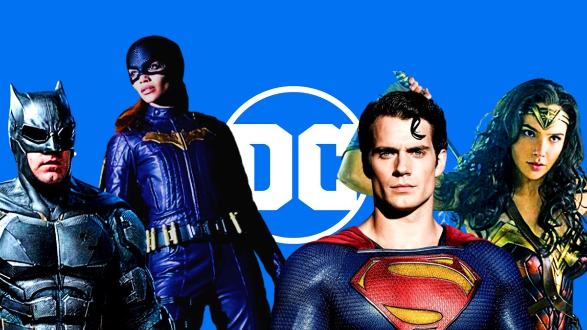 Superman (Henry Cavill), Batman (Ben Affleck, Batgirl (Leslie Grace), and Wonder Woman (Gal Gadot) against DC logo