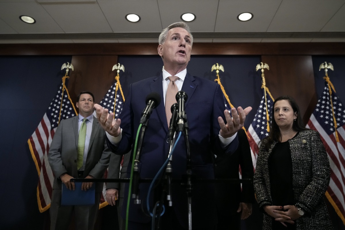 WASHINGTON, DC - MARCH 8: Speaker of the House Kevin McCarthy (R-CA) speaks during a news conference after a budget briefing at the U.S. Capitol March 8, 2023 in Washington, DC.