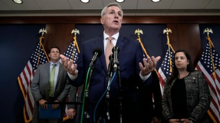 WASHINGTON, DC - MARCH 8: Speaker of the House Kevin McCarthy (R-CA) speaks during a news conference after a budget briefing at the U.S. Capitol March 8, 2023 in Washington, DC.
