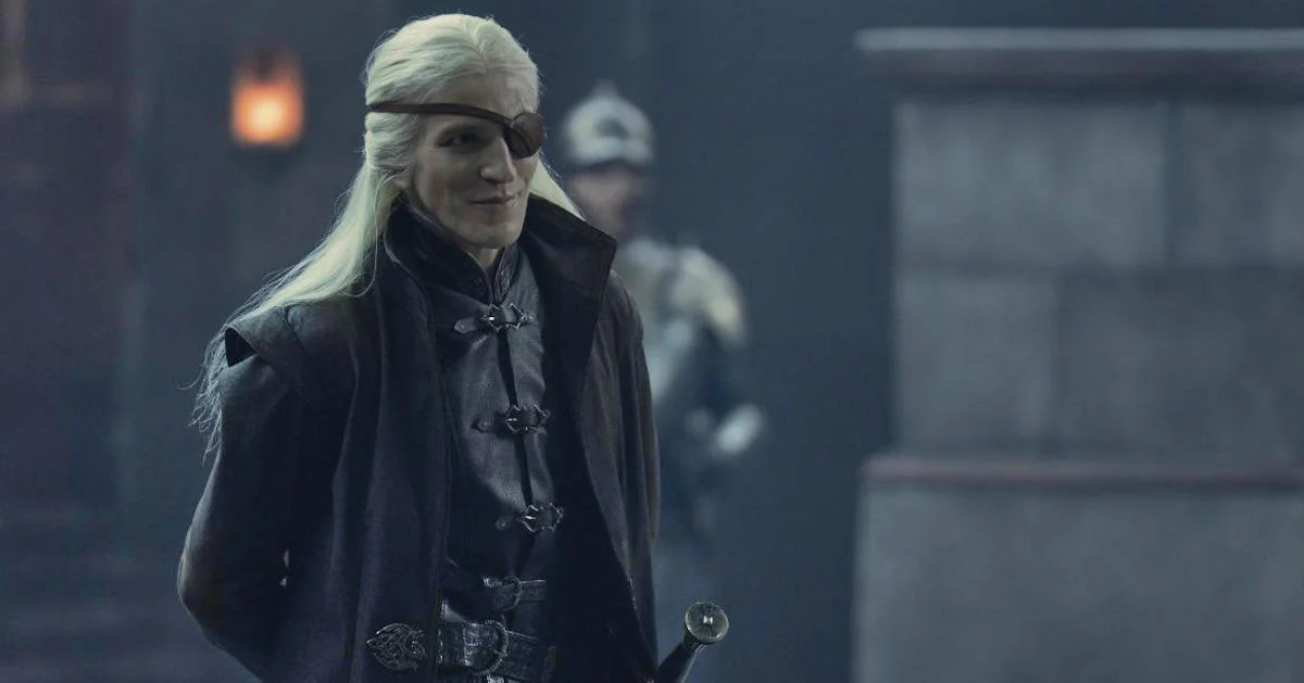 Ewan Mitchell as Aemond Targaryen looms menacingly at Storm's End in episode 10 of House of the Dragon