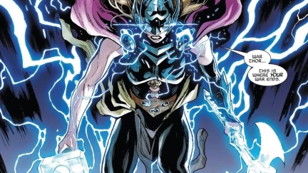 A blonde woman in Thor's armour surrounded by lightning, holding the glowing hammer with the text bubble 