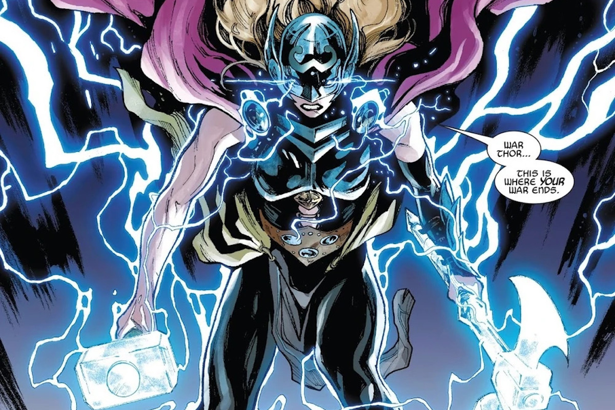 A blonde woman in Thor's armour surrounded by lightning, holding the glowing hammer with the text bubble "war Thor, this is where your war ends"