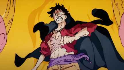 Luffy riding Momosuke in the One Piece anime