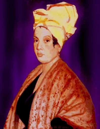 Portrait of Marie Laveau, wearing a yellow scarf in her hair and an orange wrap around her shoulders.