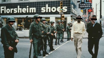 National guardsmen are called out in Memphis, Tennessee, following the assassination of civil rights leader Martin Luther King Jr in the city, 8th April 1968. They are guarding the street outside the Florsheim Shoes store. Alyssa covers eyes in editing.