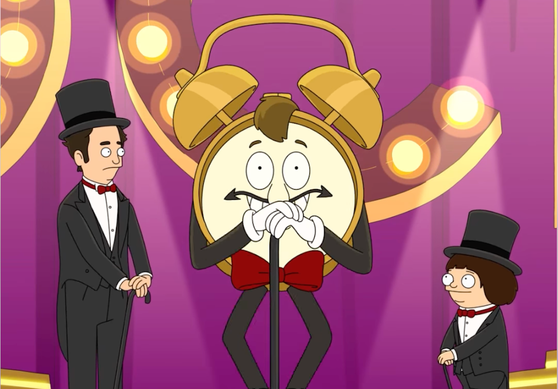In an animated scene, an evil mustachioed clock dancing with a cane between Moon and Mr. Golovkin who are wearing tuxedos
