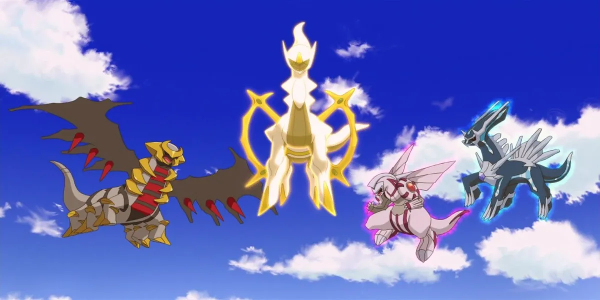 Screenshot from Pokémon: Arceus and the Jewel of Life. From left to right Giratina, Arceus, Palkia, Dialga