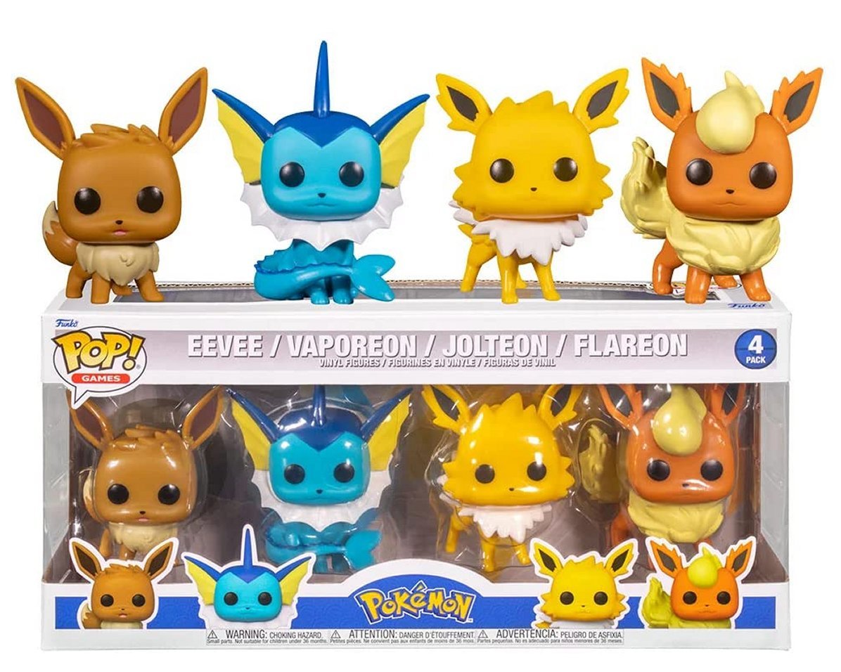 Eevee, Vaporeon, Jolteon, and Flareon Funko Pops, displayed in box and sitting on top of the box