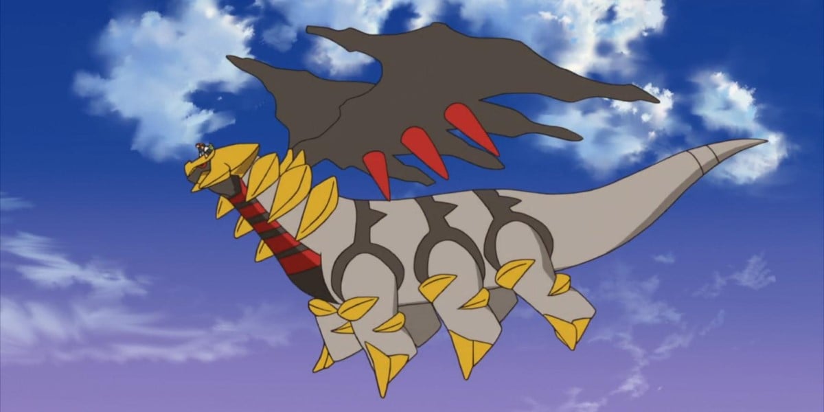 Screenshot from Pokémon: Giratina and the Sky Warrior, featuring Giratina flying through the sky 