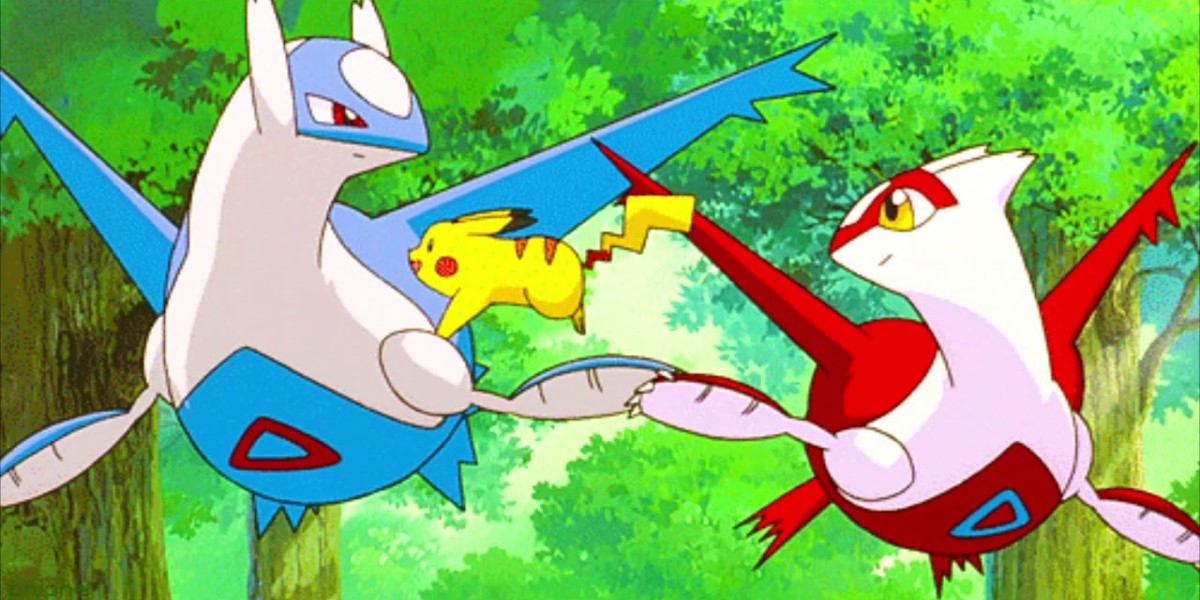 Latios, Latias and Pikachu in a screencap from Pokémon Heroes 