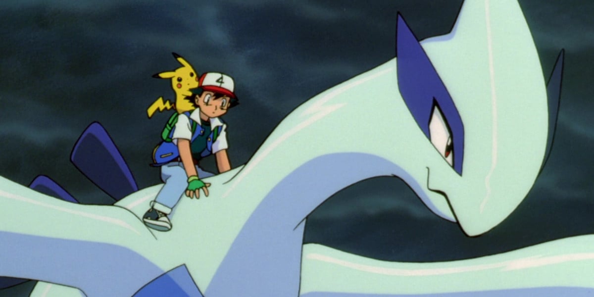 Ash and Pikachu riding on Lugia's back in Pokémon the Movie 2000