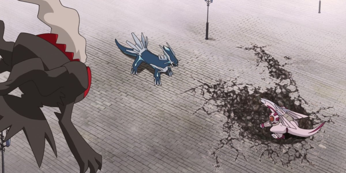 Screenshot from Pokémon: The Rise of Darkrai - Darkrai watches as Dialga and Palkia fight