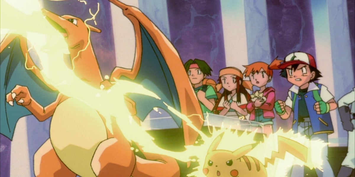Screencap of Pokémon the Movie 2000, featuring Charizard, Pikachu, Ash, and Misty