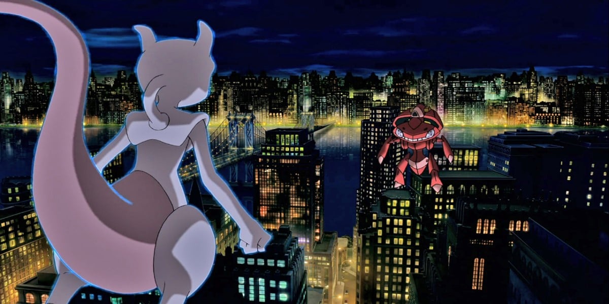 Screenshot from Pokémon the Movie: Genesect and the Legend Awakened, featuring Mewtwo vs. red Genesect