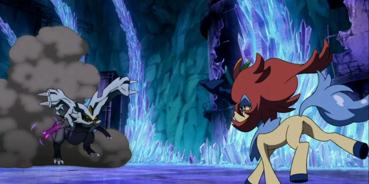 Screenshot from Pokémon the Movie: Kyurem vs. the Sword of Justice, featuring Kyurem vs Keldeo