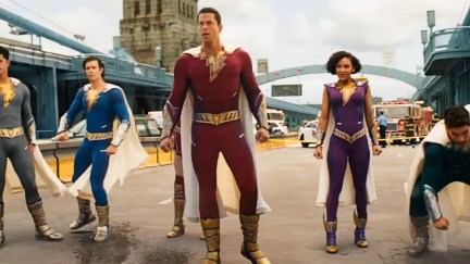 Shazam! Fury of the Gods, from left to right Ross Butler as Eugene Choi, Adam Brody as Freddy Freeman, Zachary Levi as Billy Batson, Meagan Good as Darla Dudley, and D.J. Cotrona as Pedro Peña