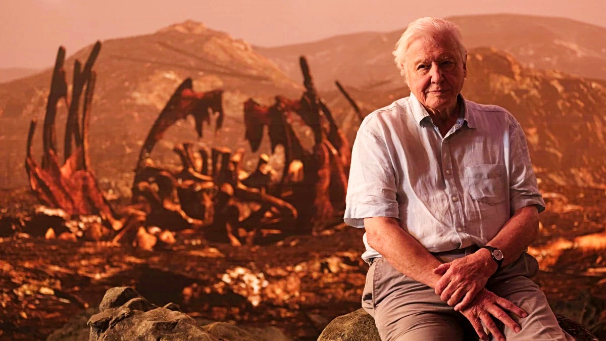 Sir David Attenborough presenting Prehistoric Planet